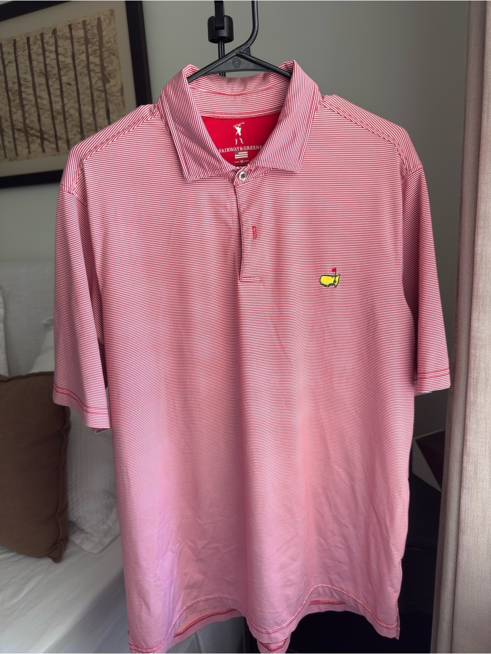 Masters Fairway & Greene Red Micro-Striped Golf Polo with Yellow Logo